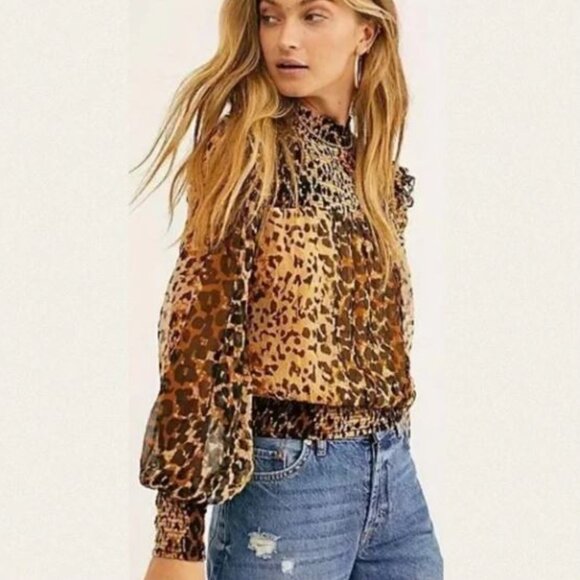 Free People Roma Cheetah Leopard Print Top Smocked Mock Neck Sheer Western Boho - Picture 5 of 14